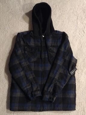 NWT Golden Tree Size XL Fur Lined Hooded Shirt Jacket Zip Up Plaid Black Blue